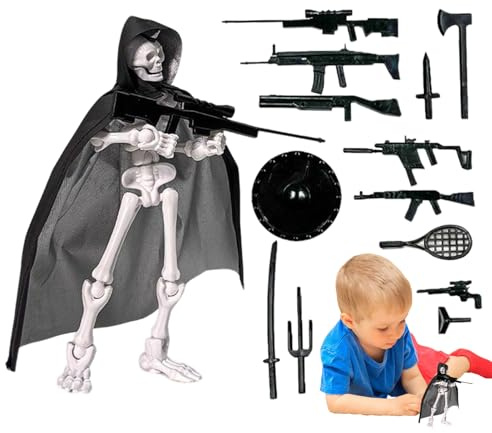 Modèle de crâne avec Chapeau de Paille - Figurine de tête de Mort Mobile avec Cape et Armes Accessoires, Design articulé Flexible pour Poses créatives, Figurine de Collection et Jouet