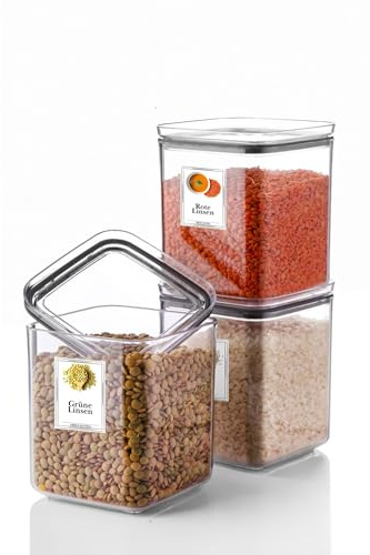 Ginza Maison 3er 1 L Set Vorratsdosen mit Deckel Luftdicht - Frischhaltedosen mit Etiketten, BPA-Frei, Aufbewahrungsbox Küche für Müsli, Mehl, Zucker, Kunststoff, Kühlschrank & Vorratskammers