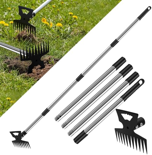 JNUYISW Désherbeur Manuel, 147cm Rateau De Désherbage avec Long Manche 2 en 1 Houe pour Jardinage Désherbage Rapide sans se Pencher ni s'agenouiller Outil De Désherbage pour Cour, Pelouse, Terrasse