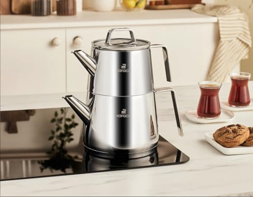 Karaca Steelina INOX Teapot Set, 2-Piece Stainless Steel Turkish Tea Maker with Matching Accessories, Durable and Stylish Infuser Set, 15x15x15 cm (5.9x5.9x5.9 in), Silver Finish