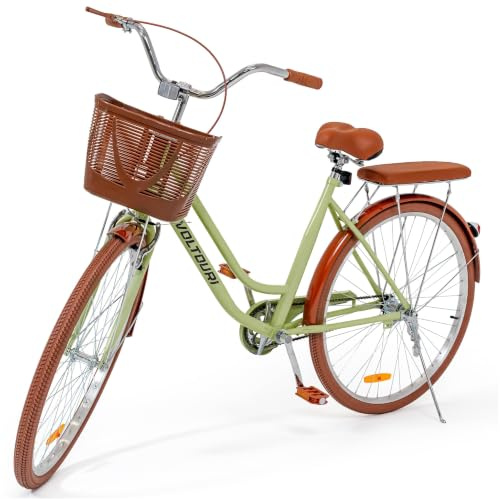 THUNDER VOLTOURI Citybike 28 Zoll Damenfahrrad – Retro Fahrrad mit Korb & Gepäckträger, Stahlrahmen 17”, 1 Gang, V-Brake & Rücktrittbremse, Schutzbleche, Ständer, (OLIVGRÜN)