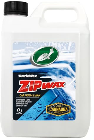 Turtle Wax 52882 Zip Wax Champú para coche, 2,5 l – Doble acción: lavado de coche concentrado y cera de carnauba para coche: aplicar, lavar, enjuagar y secar para un brillo de sala de exposición