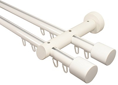 iso-design Innenlauf Gardinenstange 2-läufig aus Aluminium und Holz weiß, 20 mm, Endstück Kappe, 140 cm