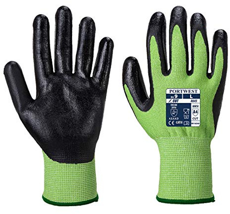 Portwest A645 Cut D13 Nitrile Green Glove Machine Washable Wet and Dry Grip | Green/Black, Medium, EN ISO 21420 Dexterity 5, CE Certified, Regular Fit, 13 Gauge Liner, Polyester, Construction