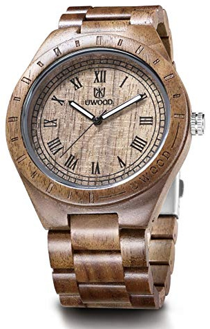 LeeEv Reloj de Madera único de Peso Ligero para Hombre, Serie Uwood Hecho a Mano de sándalo analógico de Cuarzo Vintage número Romano Reloj de Pulsera de Madera Natural