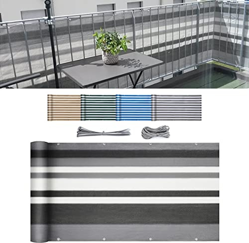 Sekey Balkon Sichtschutz Balkonabdeckung HDPE 220 g/m², 75x500cm, Leicht Transparent Wind- und UV-Schutz Wetterfest, mit Ösen, Nylon Kabelbinder und Kordel, Graue Gestreift