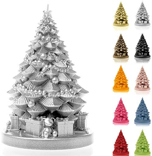 Candellana Kerze Weihnachtsbaum mit Geschenken | Höhe: 16 cm | Silber | Brennzeit 35h | Weihnachten | Handgefertigt in der EU
