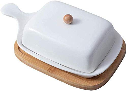 Weiße Porzellan-Butterdose Mit Deckel, Traditioneller Butterbehälter-Buttertopf, rutschfeste Abnehmbare Butterpfanne Mit Bambusmatte Für 250 G Butter