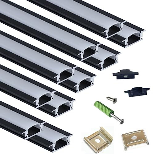 THMOOTHER 10-Pack 3.3FT/1M LED Strip Aluminum Channel Diffuser,Collar Shape Tape Light Under Cabinet Floating Shelf Alcove Recessed 25X7MM Matte Black Anodized Track, Milky Cover Concave Slot Profile