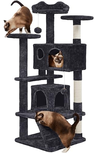 Yaheetech Arbre à Chat 139 cm, Arbre à Grimper avec 2 Niches 3 Plateformes 2 Boules en Sisal Multi-Niveaux Idéal pour 3-4 Chats, Noir