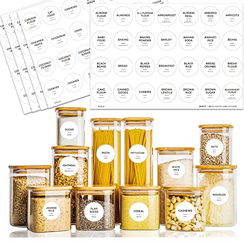 168 Round Pantry Labels, Prefdo Minimalist Farmhouse Waterproof Preprinted Food Name Stickers for Kitchen Organization Storage Containers, Jars & Canisters (White)