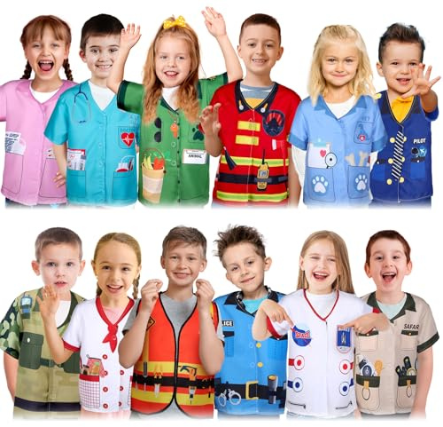 Jiuguva 12 Pcs Kids Role Play Costume Dress up Clothes for Kids Community Helper Career Cosplay Doctor Construction Workers Fireman Police Halloween Costumes for Career Day Pretend Play