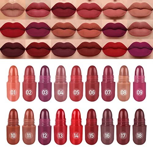 LSxia 18 Colors Capsule Pills Lipstick Mini Lip-Stick Set, Long Lasting Mini Matte Lipstick Lip Stain Lip Tint - Labiales Mate 24 Horas Originales, Cute Dark Red Matte Lipsticks Set for Women