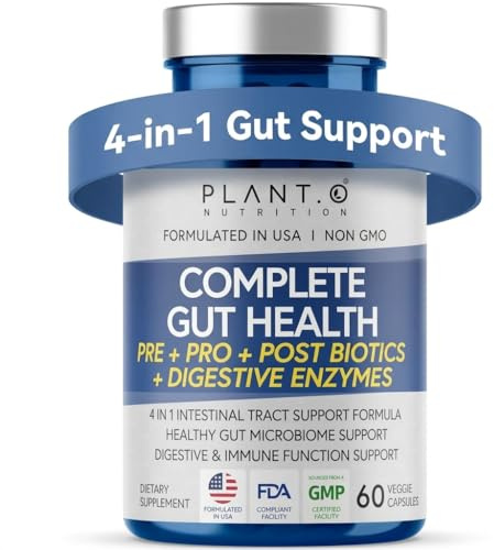 4-in-1 Gut Health Support – Prebiotics + Probiotics + Postbiotics + Digestive Enzymes for Women and Men – DE111 Spore Probiotic for Digestive Support & Bloating – Non-GMO – 60 Veggie Capsules