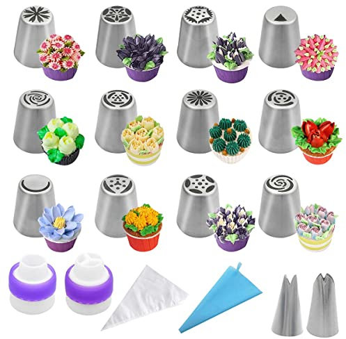 Russian Flower Piping Tips Set - 47 Pcs Cake & Cupcake Decorating Kit - 12 Icing Nozzles, 2 Leaf Tips, 30 Pastry Bags, 1 EVA Bag, 2 Couplers