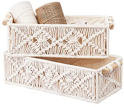 2Pcs Macrame Storage Baskets with Wooden Handles, BOJVESH White Boho Bathroom Decor Woven Baskets for Shelves, Handmade Countertop Toilet Cabinet Organizer Boxes for Bedroom Livingroom Nursery