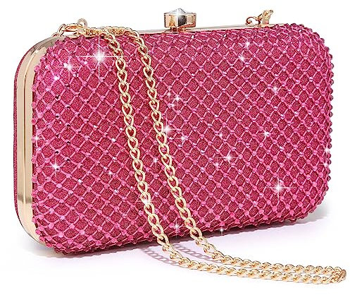 Dasein Bolso de mano con diamantes de imitación para mujer, bolsa de noche brillante con cierre de cristal para fiesta formal de graduación, boda, Fucsia, Small