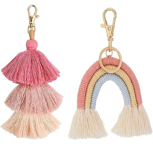 Schlüsselanhänger,2 Stück Boho Regenbogen Schlüsselanhänger,Weaving Gland Makramee Schlüsselanhänger,Pom Quaste Tasche Charm Makramee Weben,Regenbogen Quaste Schlüsselanhänger