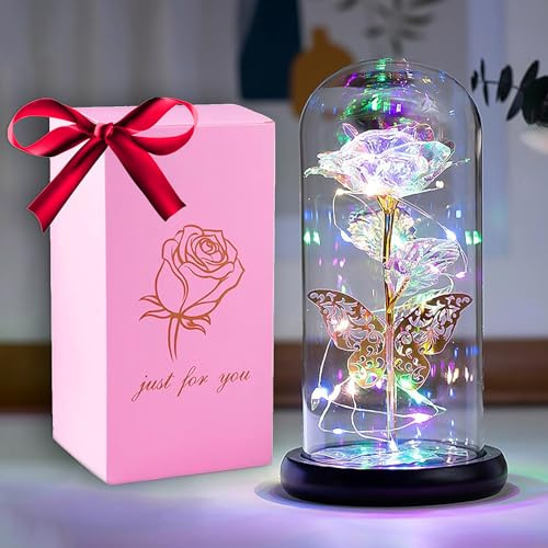 HFHungkeong Women's Birthday Gift, Galaxy Rainbow Rose Flower Artificial Flower Glass Light up Dome Butterfly Rose, Gift for Mother Girlfriend Grandma Sister Wife Teacher Mother's Day Day