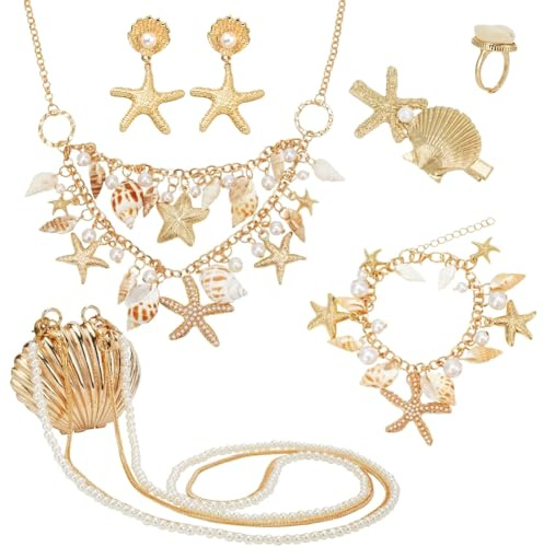 PH PandaHall Karneval Muschel Seestern Schmuck Meerjungfrau Schmuck Kostümzubehör Muschel Perlenkragen Lätzchen Statement Halskette Armbänder Ohrringe Ring Haarspange Umhängetaschen Für Frauen