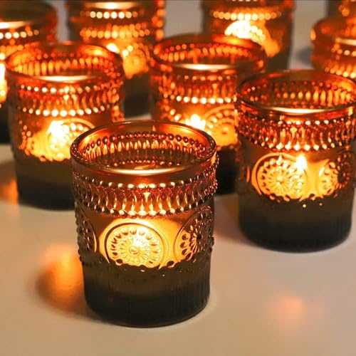 Tealight Holders Glass with Sunflower Embossed, Brown Tea Light Holders | Vohocandle 12pcs Brown Tea Light Candle Holders Glass for Party Decorations, Room Decor, Wedding Decor (5.5 W × 6.5 H cm)