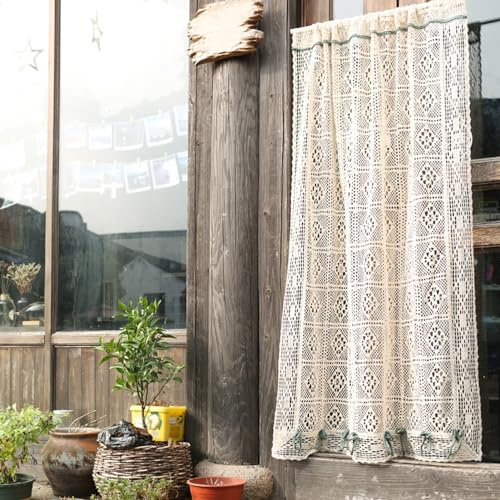 Häkelgardine Boho Baumwolle Küchengardine Transparente Kurz Scheibengardine Bistrogardine Landhausstil Halber Vorhänge für Schlafzimmer (Color : Beige, Size : 105x98cm/41x38in)