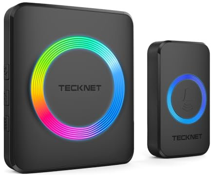 TECKNET Wireless Doorbell, IP65 Waterproof Wall Plug-in Cordless Door Chime Kit with 1300feet / 400m Range, 60 Chimes, 5-Level Volume & RGB Light, Best for Plug in Door Entry Bell