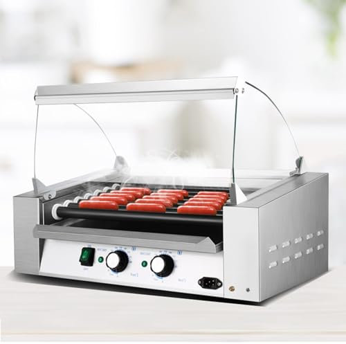 Macchina per hot dog con 7 rulli antiaderenti – Hot Dog perfettamente cotti – Cucina professionale per salsicce domestiche – Vassoio rimovibile e copertura in vetro