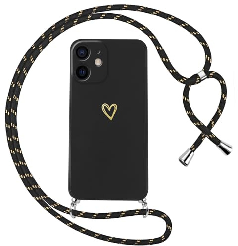 Oelrstfe Handyband für iPhone 12 Hülle mit Band Herz Motiv Handyhülle für zum Umhängen Silikon Stoßfest Ultra Dünn Weich Schutzhülle mit Kordel Necklace Kette Gold Love Muster Case Cover,Schwarz