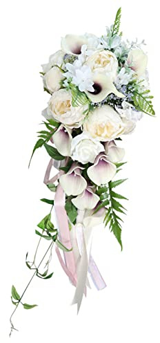 MULAIDI Hochzeits-Wasserfall-Brautstrauß, Wassertropfen, künstlich, weiß, lila, Callalily-Band, hält Blume, Brautsträuße für die Braut