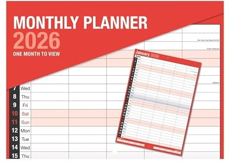Shineone Monatsplaner 2025, fünf Spalten, A3, Monatsansicht, Planer-Organizer, Wandkalender für das Homeoffice, Familienplaner, 5-Spalten-Layout, Wandmontage, 12 Monate, Rot & Weiß
