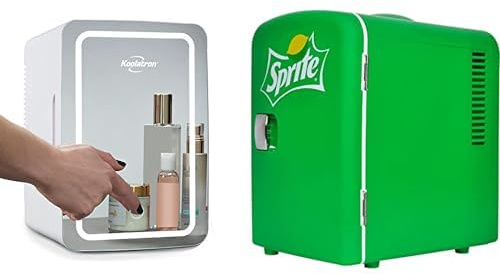 Koolatron Cosmetic Mini Fridge 6L Small Skincare Portable Beaty Mini Fridge with LED Makeup Mirror 12V Personal Cooler White + Sprite Mini Fridge 4L Table Top Mini Fridges 12V Portable Cooler Green