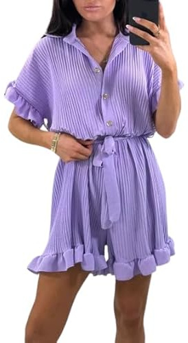 MMK® Women’s Short Sleeve Gold Button Jumpsuit Ladies Belted Pleated Collard Smock Frill Dress Oversized All In One Short Rompers Playsuit (Lilac, 8-16)