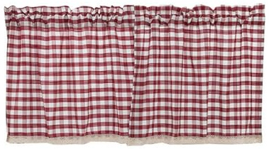 Vorhang, kariert, Leinen, rotes Gingham, weiße Spitze, Stangentasche, Fensterbehandlung, Volant, Vorhänge, halblang, für kleine Fenster, Küche, Café, Badezimmer, Schlafzimmer (Rot / Weiß, 135 cm breit