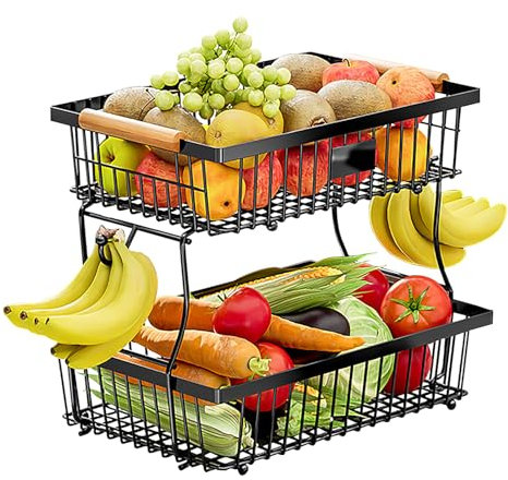 Foeska Obstkorb mit und Bananenaufhängern, Arbeitsplattenregal für die Küche, einfache Installation, abnehmbar, ideale Obstschale und Gemüseregal (Schwarz-2 Etagen)