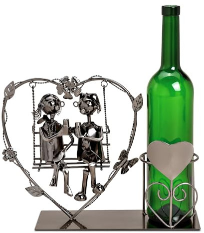 Spetebo Weinflaschenhalter anthrazit 32 x 23 cm - Liebespaar auf Herzschaukel - Deko Flaschenhalter mit Metall Figuren - Pärchen Skulptur Flaschen Ständer Silber Hochzeit Jahrestag Verlobung