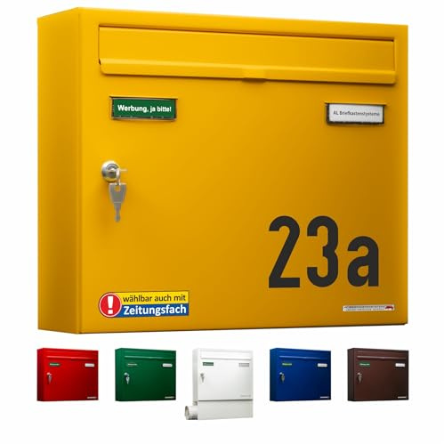 AL Briefkastensysteme Briefkasten mit Hausnummer gelb RAL 1003 - Basic 1er Briefkasten mit Hausnummer wetterfest Din A4 - Postkasten mit Hausnummernschild personalisiert