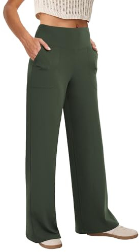 COPYLEAF Wide Leg Pants Woman High Waist Yoga Pants with Pockets Loose Stretch Dress Work Sweatpants Casual Lounge(Army Green S)
