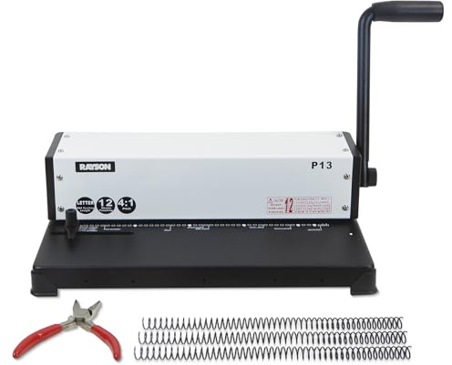 RAYSON P13 Manual Coil Binding Machine | Adjustable Side Margin | 12 Sheet Punch Capacity | Binds Up to 440 Sheets | Heavy-Duty Coil Crimping Pliers Included