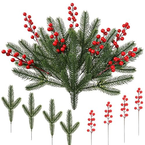 RXMORI 40 Pezzi Rami di Pino Artificiale di Natale Agrifoglio Steli di Bacche Rosse, Verde Finto Aghi di Pino Plettri Sempreverdi per Ghirlanda Fai da Te Decorazione Natalizia