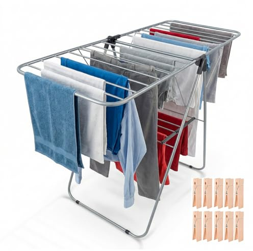 HERSIG - Tendederos Plegables - Tendedero Plegable con Estante - Tendedero para Interiores y Exteriores con Conteras Antideslizantes - Montaje Sencillo - Hierro - Gris-Negro - 132 x 58 x 99,5 cm