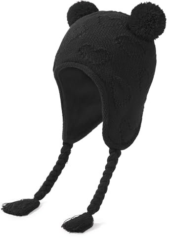 Durio Baby Wintermütze Strickmütze – Unisex Baby Mütze Mädchen Kinder Caps Jungen mit Bommel und Ohrschutzdesign Fleecefutter Beanie Mütze Schwarz 0-6 Monate