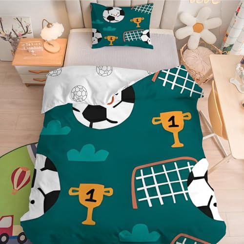 Housse de Couette 90x190 Football Parure de Lit 90x190 Enfant Games Ballon Football Housse de Couette 1 Personne en Microfibre et Taie d'oreiller avec Fermeture Éclair, Vert