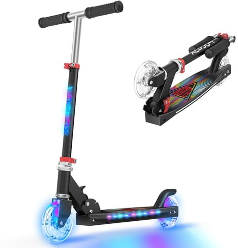 TONBUX Roller Kinder 6 Jahren, Kinder Roller mit Cool Beleuchteten Stangen, Rädern und Deck, 3-Stufig Höhenverstellbarer Kinderroller, Faltbarer Leichter Scooter Kinder von 5 bis 12 Jahren, Schwarz