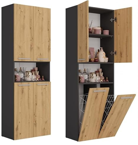 BDW Badezimmerschrank, 2- Wäschekorb, 2 - Türen 174 x 60 x 30cm Unterschrank, Waschbeckenunterschrank, Hochschrank, Badmöbel, Bad-Hochschrank, Badregal (Anthrazit/Artisan-Eiche)