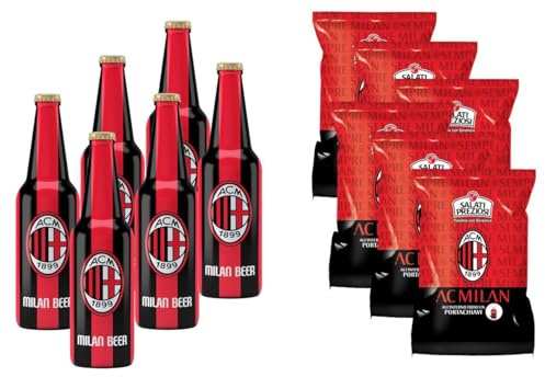 Bombeer del MILA.N 6 Bottiglie da 33cl + 6 Patatine da 25gr - Birra Originale By Christian Vieri - Puro Malto Bottiglie di Vetro - Made in Italy