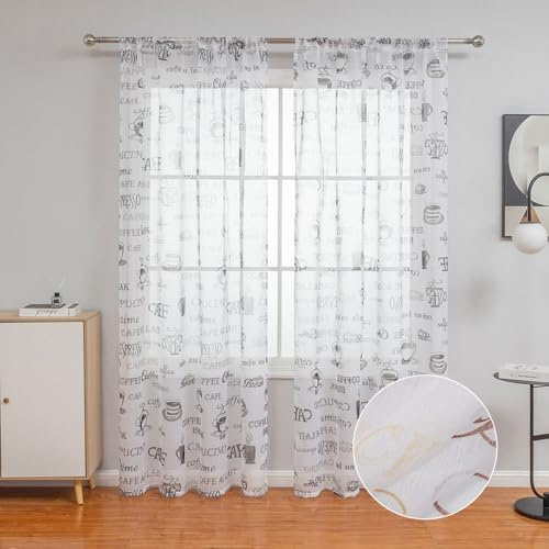 Lukery Transparent Vorhänge Wohnzimmer 2er Set, Kaffee-Muster Lang Halbtransparent Gardinen Vorhänge Durchsichtig für Fenster Küche Wohnzimmer Landhaus (140x260cm,Grau)