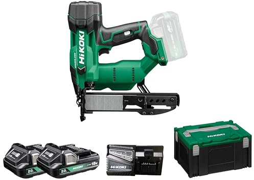 HiKOKI Grapadora de batería – 18 V, 13-40 mm, ion de litio, luz LED, ajuste de profundidad sin herramientas, accionamiento por resorte neumático, motor sin escobillas, disparo conmutable, incluye 2