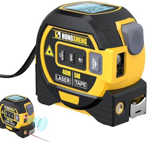 3 i 1 avståndsmätare linjal, 5 m måttband, 40 m laseravståndsmätare, digitalt lasermätverktyg med LCD-skärm, mätning av avstånd, area, volym yellow
