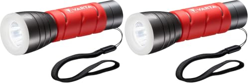 Varta Taschenlampe LED inkl. 3x AAA Batterien, Outdoor Sports F10 Leuchte, Lampe mit zwei Leuchtmodi, Taschenleuchte mit gummiertem Griff, sehr robust, rot (Packung mit 2)